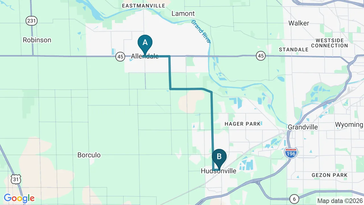 Driving directions map from Allendale, MI to The Lab Chiropractic in Charles