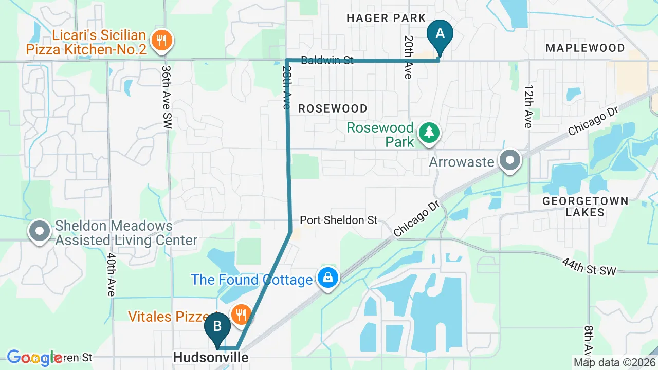 Driving directions map from Jenison, MI to The Lab Chiropractic in Charles