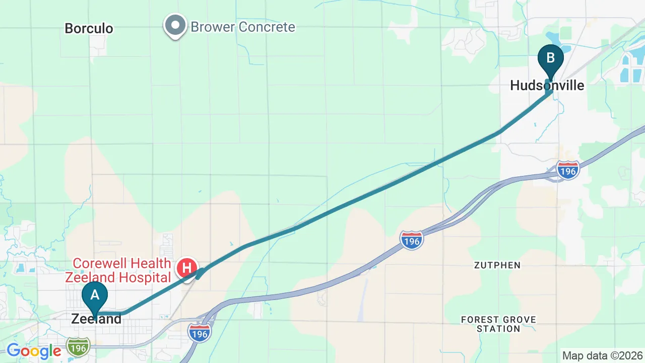Driving directions map from Zeeland, MI to The Lab Chiropractic in Charles